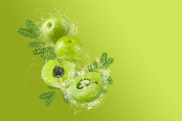 istock Creative layout made from Fresh Sliced Emblic or Indian gooseberry and water Splashing on a green background. 1479645549