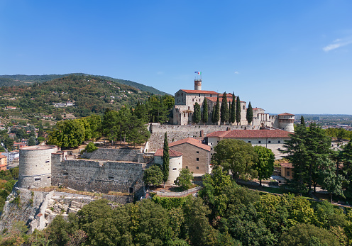 Brescia - Italia. August 11, 2022: Detailed panoramic view of the western part of the castle town of Brescia. Lombardy, Italy