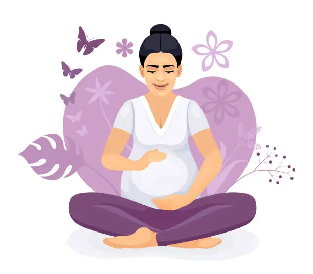 Vector illustration of Pregnant woman holding her belly. Meditation concept. Yoga woman in lotus pose.