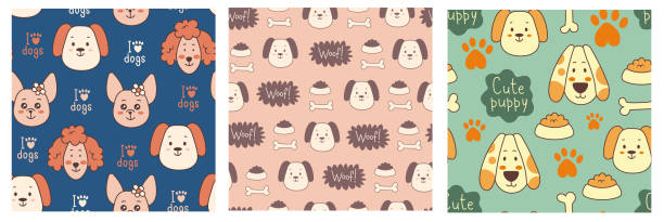 Dogs cute seamless pattern Funny cartoon doggy endless backgrounds collection. Pets seamless patterns set with hand drawn animals chihuahua puppies background stock illustrations