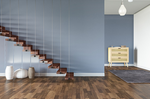 Stairs with Empty Blue Walls. 3D Render
