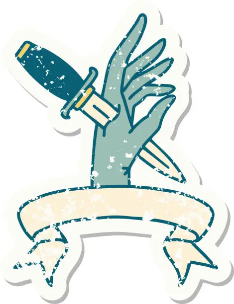 Vector illustration of worn old sticker with banner of a dagger in the hand