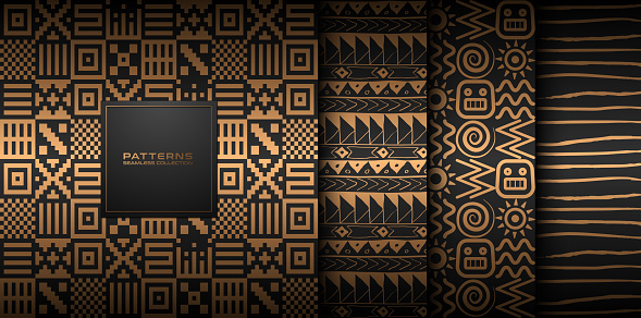 Seamless vector hand drawn golden ethnic pattern set. Abstract gold background on black. Dark tribal indian Navajo print collection. Web page fill Aztec seamless native folk wrapping paper texture.