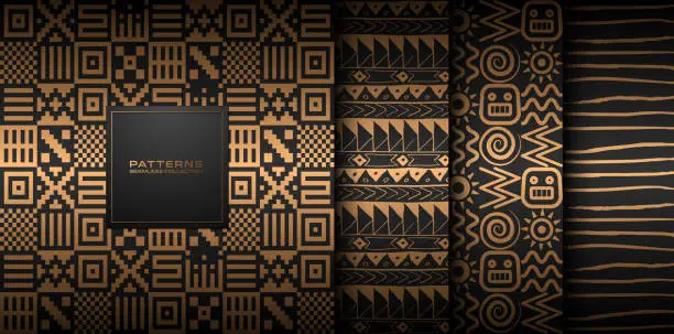 Vector illustration of Seamless vector hand drawn golden ethnic pattern set. Abstract gold background on black. Dark tribal indian Navajo print collection. Web page fill Aztec seamless native folk wrapping paper texture