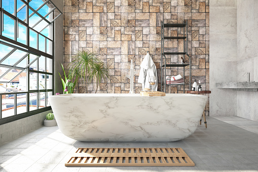 Loft Bathroom with a Marble Bathtub. 3D Render