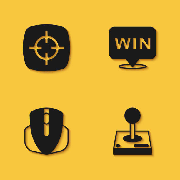 setzen sie zielsport, joystick für arcade-maschine, computermaus und medaillensymbol mit langem schatten. vektor - medal control computer icon symbol stock-grafiken, -clipart, -cartoons und -symbole