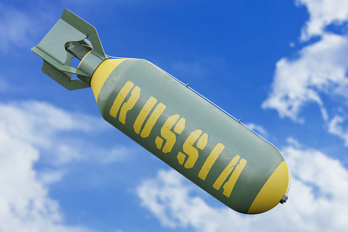 Bomb with RUSSIA Label Falling From Sky. 3D Render