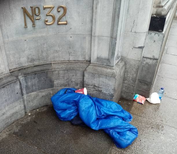 Homeless sleeping bag 31st March 2023, Dublin, Ireland. Sleeping bag of homeless person on Nassau Street in Dublin city centre. nassau street stock pictures, royalty-free photos & images