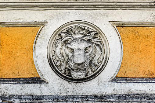 Lion head concrete mold as decorative detail of an old wall, architectural feature
