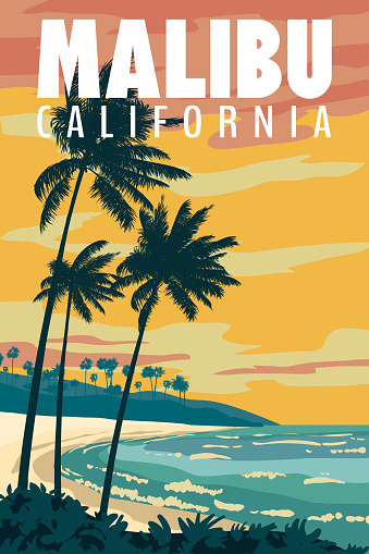Retro California Malibu beach travel poster, Malibu Beach, palms, ocean surf. Vector illustration vintage card