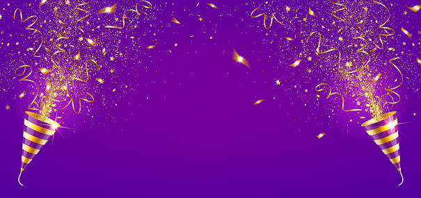 festive banner with explosion party popper with gold confetti on a purple background