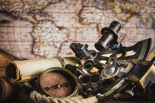 Antique navigation equipment, compass and telescope