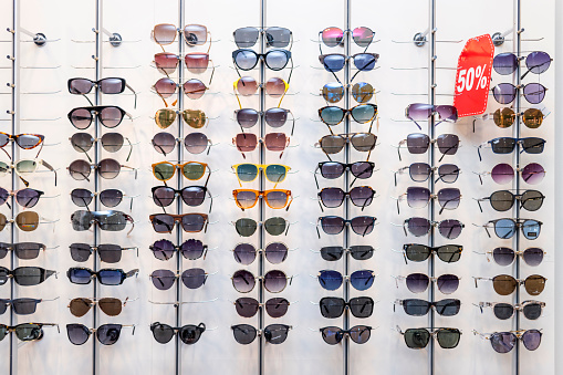 Display of sunglasses in an optician's shop