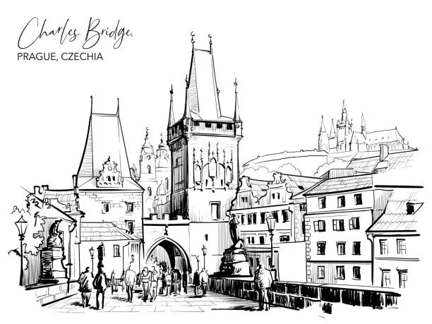 Vector illustration of Charles Bridge city view in Prague, Czech Republic. BW