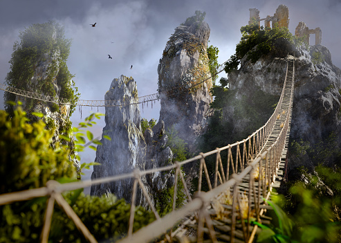 Spectacular rope bridge crossing a canyon, 3D illustration