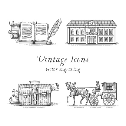 Vintage icon set. Books, quill, hotel, briefcase with papers, vintage cab and horse.  Hand drawn engraving style illustrations.