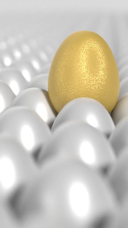 Vertical Golden Egg is Surrounded by Bunch of White Eggs in 4K Resolution