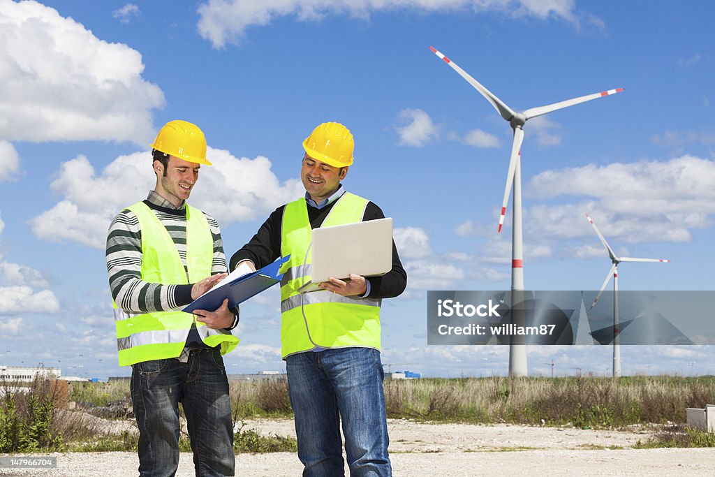 Two Engineers at Work in Wind Turbine Power Station Engineer Stock Photo