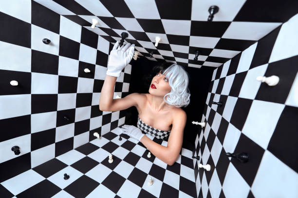 Portrait of screaming woman from the future wearing sunglasses, silver dress and aluminium pipe.