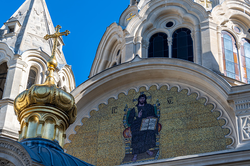 Exterior detail of the Russian Orthodox Saint-Alexander-Nevsky Cathedral built in 1861 in the 8th arrondissement of Paris, France