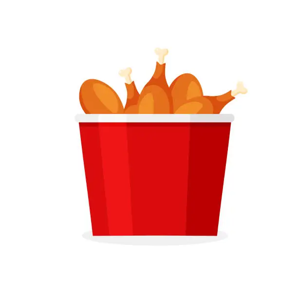 Vector illustration of Crispy fried chicken pieces in a red bucket.