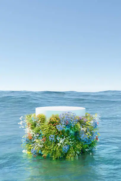 Photo of Abstact 3d render summer scene and Natural podium background, White podium cover colorful floweres floating on the sea backdrop clear sky for product display advertising, cosmetic, etc