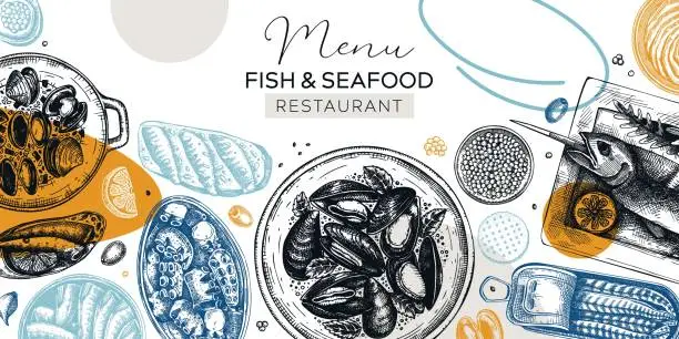 Vector illustration of Seafood background in sketch style