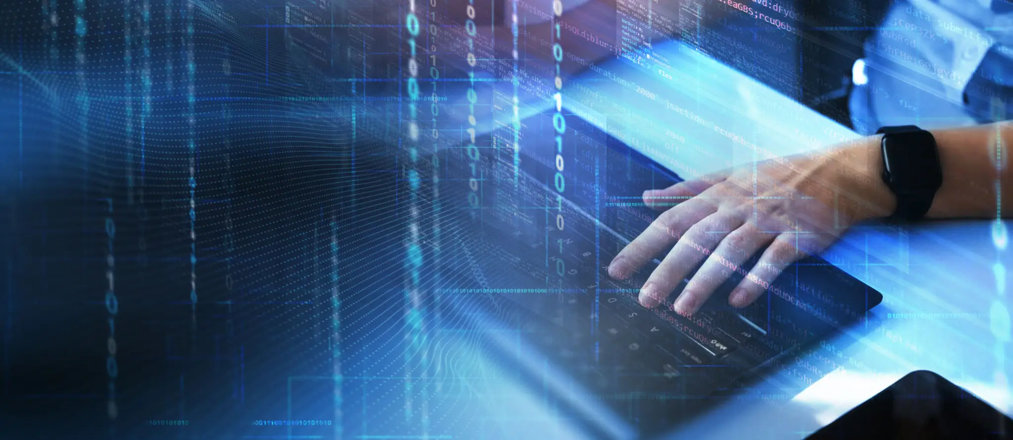 Programmer working on javascript computer code with virtual screen. Programming code technology and Software development. Software apps developer and IT revolution.Digital software development