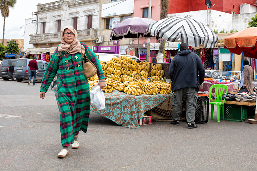 Casablanca, Morocco - January 25: Vendors selling fresh fruits and vegetables in a street bazaar downtown of Casablanca, Morocco.