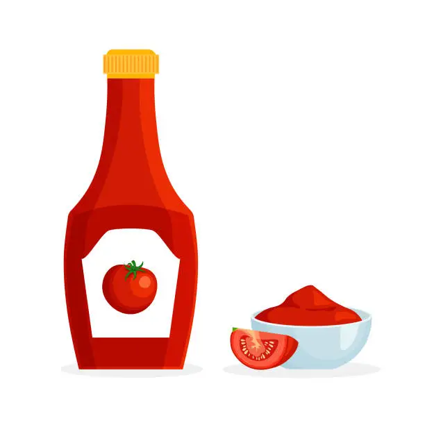 Vector illustration of Ketchup bottle and bowl with tomato.