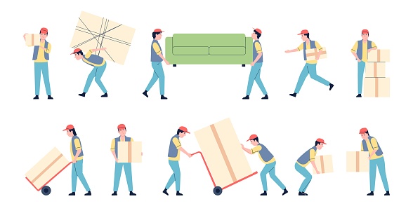 Delivery logistic service, relocation and moved new home. Express transportation giant parcels and furniture, couriers recent vector characters of delivery and move service