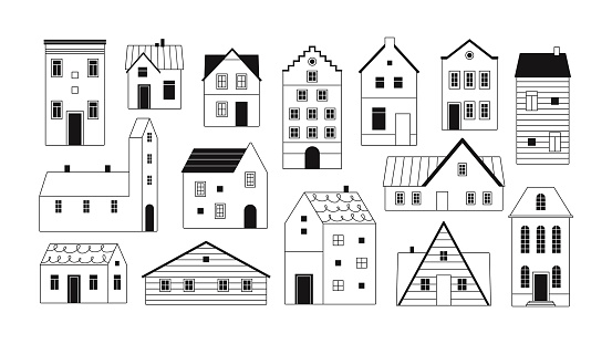 Black outline different houses. Buildings and apartments, isolated doodle line homes. Urban architecture elements, decorative racy vector graphic of building house and home apartment