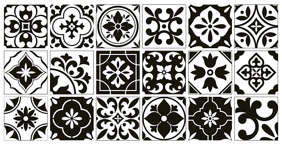 Interior spanish tiles, kitchen mosaic portuguese motifs. Black decoration tilings, mediterranean mexican floral interior racy vector elements of texture background illustration