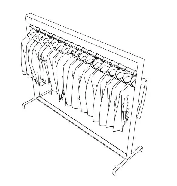 Vector illustration of Outline of clothes hanging on hangers from black lines isolated on white background. Isometric view. 3D. Vector illustration.