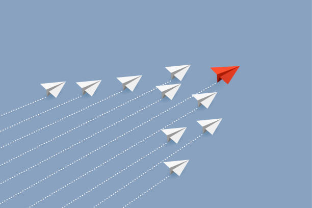 istock Business concept. Red paper airplane flying changing direction on blue sky of business teamwork and one different vision. Leader, New idea, boss, manager, winner concept, trend. Vector illustration 1479679703