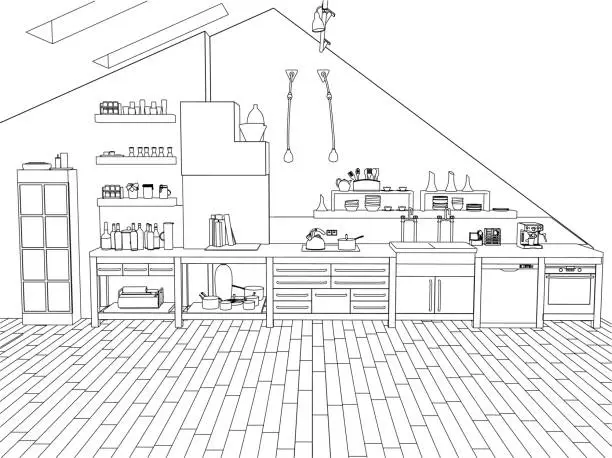 Vector illustration of Outline of a large kitchen with black line fittings isolated on a white background. 3D. Vector illustration.