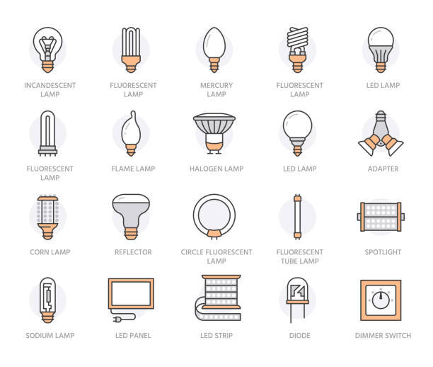 전구 플랫 라인 아이콘입니다. led 램프 유형, 형광등, 필라멘트, 할로겐, 다이오드, 에너지 절약 조명. 아이디어 개념, 전기 상점에 대 한 얇은 선형 기호. 주황색. 편집 가능한 획 - fluorescent light light bulb lighting equipment lamp stock illustrations