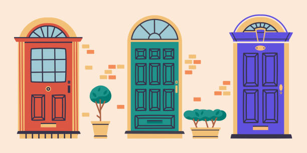 istock Front doors. House entrances, residential building doorways. Home facade closed doors flat vector illustration set 1479681922