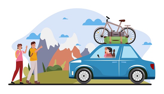 Flat cartoon illustration of people catching a blue car. Road trip, adventure, travel concept illustration.