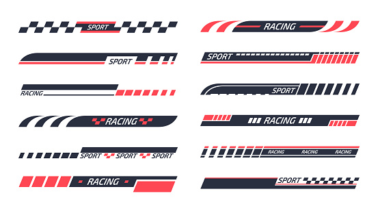 Tuning racing sport stripes. Sports racing decals, sports car, motorbike and boat stickers, striped vehicle tuning bars flat vector illustration set