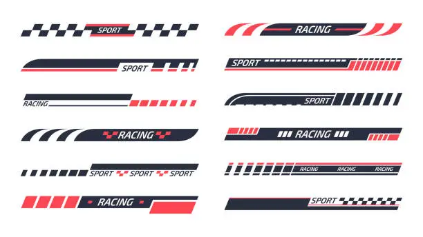 Vector illustration of Tuning racing sport stripes. Sports racing decals, sports car, motorbike and boat stickers, striped vehicle tuning bars flat vector illustration set