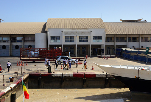Dakar (Plateau), Senegal: International Maritime Terminal (Gare Maritime Internationale) seen from the water - the main passenger terminal at the Autonomous Port of Dakar (PAD). Also serves domestic destinations (Gorée, Casamance).