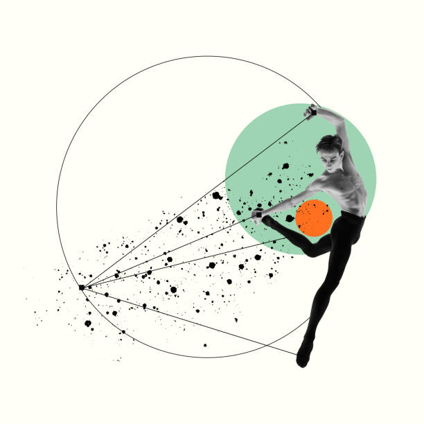 istock Handsome young man, ballet dancer with muscular relief body dancing over pastel background with abstract line design elements. Contemporary art collage. 1479684419