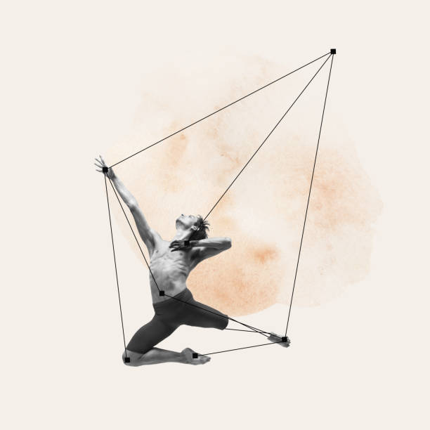 istock Artistic performance. Young sportive man, professional ballet dancer over pastel background with abstract line design elements. Contemporary art collage. 1479684424
