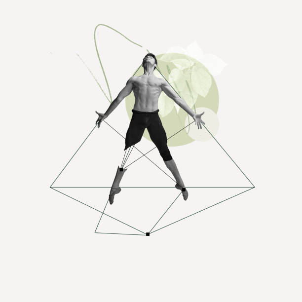 istock Muscular young man, professional ballet dancer over light background with abstract line elements. Contemporary art collage. 1479684426