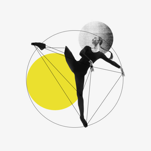 istock Young talented ballerina training, dancing against light pastel background with abstract elements. Line art. Contemporary art collage. 1479684437