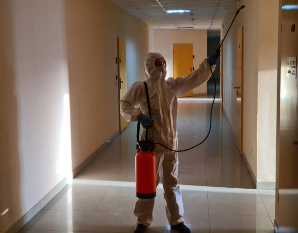 Disinfection in protective suit and respirator treating surfaces with antiseptic in clinic corridor Disinfection in protective suit and respirator treating surfaces with antiseptic in clinic corridor. Room disinfection biohazard cleanup stock pictures, royalty-free photos & images