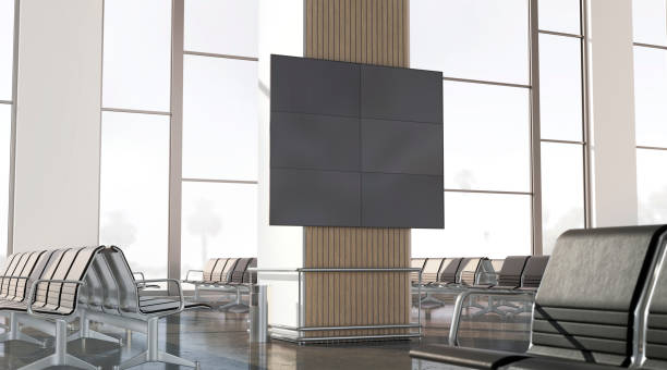 écran led noir vierge dans la maquette du salon d’aéroport, vue latérale - lightbox airport airplane sign photos et images de collection