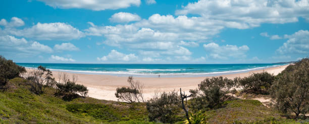 istock Wide panoramic view of a pristine beach and ocean waves crushing on the shore. Stunning cloudscape and seascape on the Sunshine Coast in Australia. 1479686796