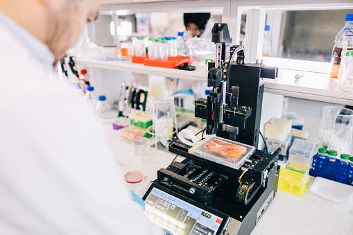 In a quiet, sterile lab environment, a lone scientist adjusts the settings on a sophisticated 3D printer that has been optimized for printing meat from bio ink, a revolutionary new material that has the potential to greatly reduce the environmental impact of traditional meat production.